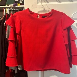 Red crop ruffle sleeve top.